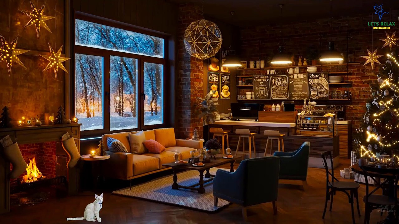 Soft Christmas Piano Music with Snowfall and Fireplace || Cozy Christmas Cafe • Calm, Relax, Sleep