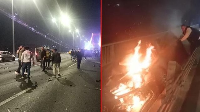 Fatih Sultan Mehmet Köprüsü'nde çok sayıda araç birbirine girdi! Takla atan otomobil alev aldı