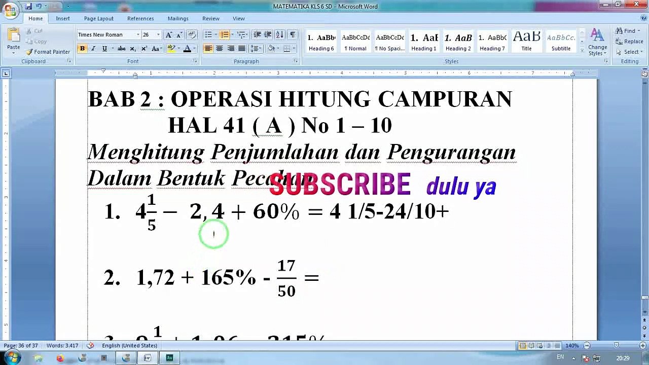 Penjumlahan Dan Pengurangan Dalam Bentuk Pecahan biasa dan campuran  HAL 41 (A) No 1-10 Matematika Kelas 6 SD