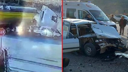 Hafriyat kamyonu otomobili hurdaya çevirdi! 2 kişinin yaralandığı kaza kameraya yansıdı