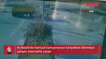 Hafriyat kamyonu otomobili hurdaya çevirdi: 2 kişinin yaralandığı kaza anı kamerada