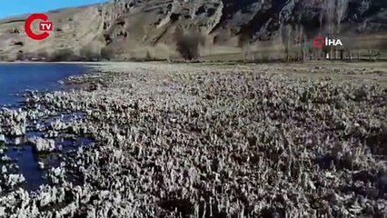 Van Gölü’nde sular çekildi, su altı peribacaları ortaya çıktı