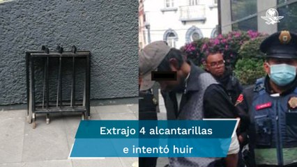 Detienen a hombre por robar protecciones metálicas de coladeras en la Cuauhtémoc
