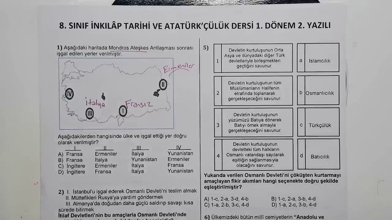 8. Sınıf İnkılap Tarihi 1. Dönem 2. Yazılı Soruları ve Cevapları
