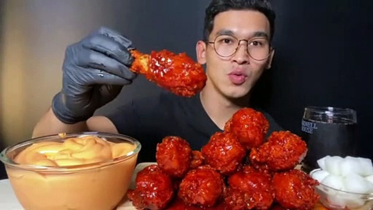 mukbang chicken thigh filled with samyang sauce and cheese sauce