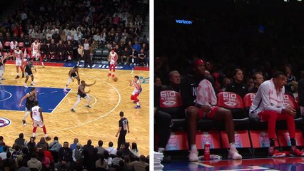 Brooklyn Nets splitscreen bench reaction to Kyrie Irving’s putback dunk