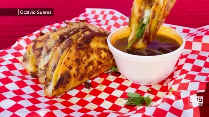 Octavio Suarez, owner of Naughty Tacos, shows us the Quesabirria Tacos