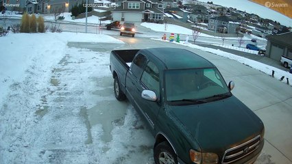 Truck and Trailer Spin Out on Ice