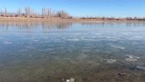 Soğuk havanın etkisiyle Serpincik Göleti kısmen buz tuttu