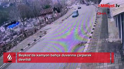 Beykoz'da kamyon bahçe duvarına çarparak devrildi