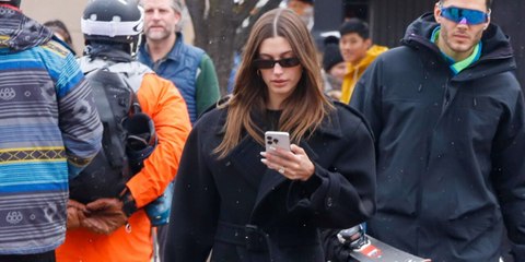Hailey Bieber's Version of Aprés-Ski Fashion Included a Black Coat With the Most Exaggerated Shoulders