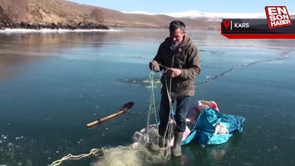Çıldır Gölü'nde Eskimo usulü balık avı başladı
