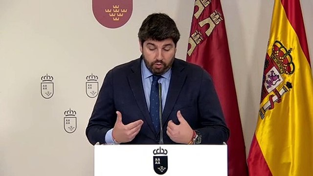 El presidente de Murcia, Fernando López Miras, este jueves, compareciendo en defensa del Trasvase Tajo-Segura.