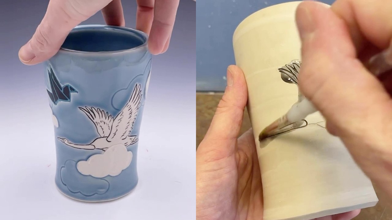 Tremendously SATISFYING making of a beautiful sky-themed ceramic cup!