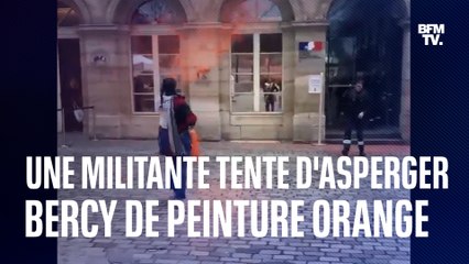 Une militante écologiste de Dernière Rénovation tente d'asperger de peinture orange le ministère de l'Économie