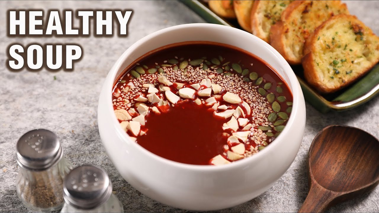 Tomato + Beetroot + Spinach Soup with Garlic Bread Easy & Healthy