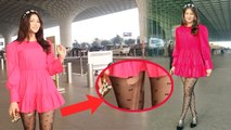 Urvashi Rautela Mumbai Airport Pink Dress में फटी Stockings देख Fans हुए Shocked । Video Viral
