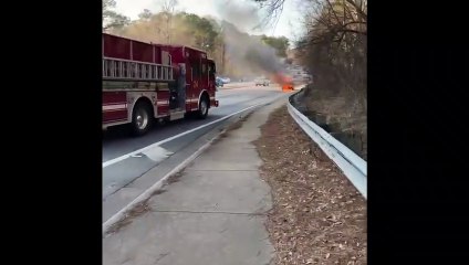 Car Driving on Rim Catches Fire