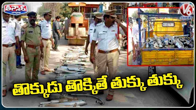 Police Officials Crush Bike Silencers With Road Roller In Nizamabad _ V6 Teenmaar