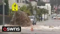 Fire hydrant burst in Santa Barbara sending mains water into the air and exacerbating flooding