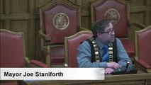 Mayor of Stocksbridge, Joe Staniforth, voicing objections at a Sheffield City Council planning committee meeting that was considering a plan for new homes on land off Hollin Busk Road, between Stocksbridge and Deepcar.