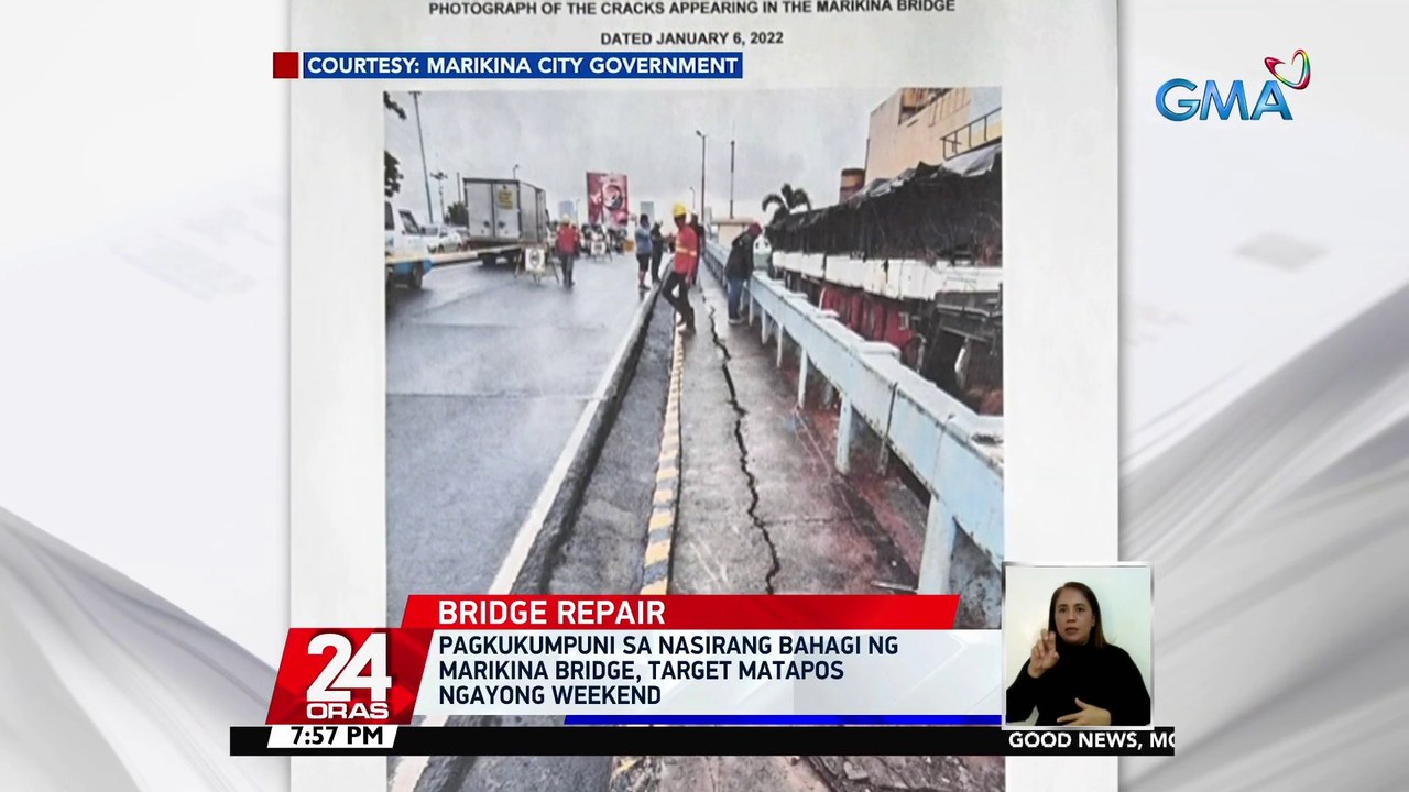 Pagkukumpuni sa nasirang bahagi ng Marikina bridge, target matapos ngayong weekend | 24 Oras