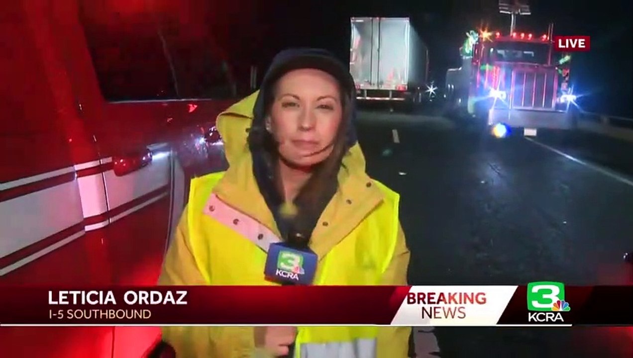 Big rig hangs over Yolo Bypass on I-5