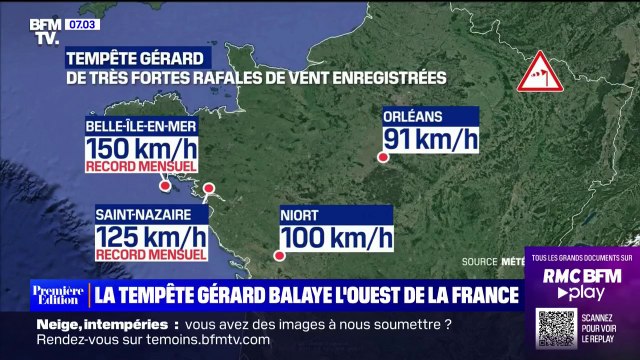 166 km/h dans la Manche, 150km/h à Belle-Île-en-Mer... La tempête Gérard fait tomber plusieurs records de rafales de vent