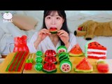 ASMR MUKBANG Watermelon Desserts Tanghulu, Pudding Jelly, Macaroon, Jelly noodles, Cake, Juice.