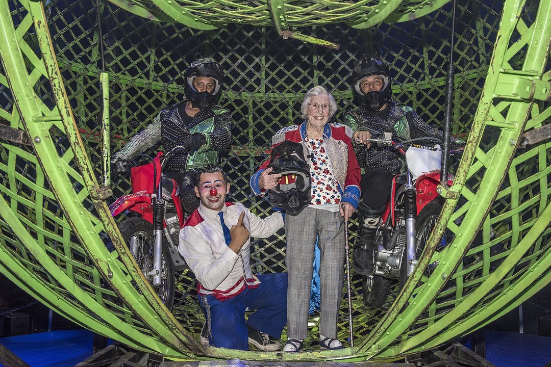 Elderly woman celebrates 100th birthday by being driven at by motorbike stunt riders