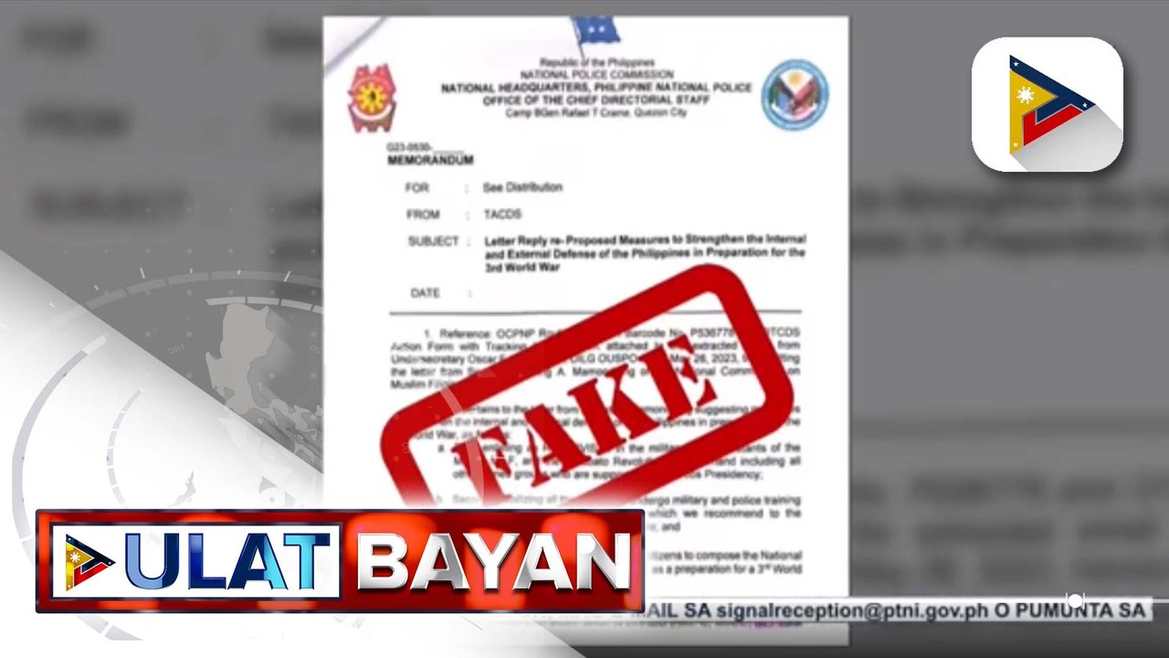 Kumakalat na memorandum tungkol sa paghahanda sa WW3, peke umano ayon sa PNP