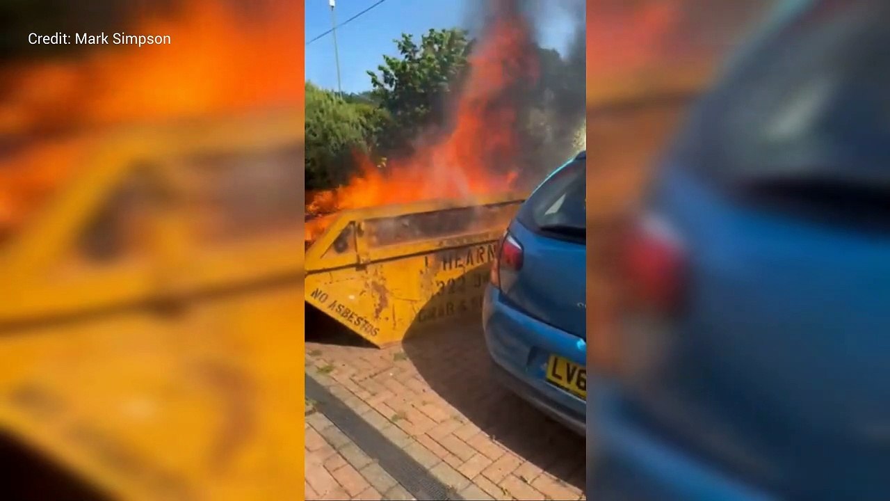 Skip catches on fire