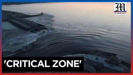 Bird's-eye view over the damaged Kakhovka hydroelectric dam in Ukraine