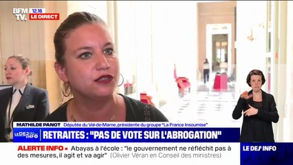 "Un coup de force inacceptable": Mathilde Panot réagit aux propos de Yaël Braun-Pivet qui souhaite faire barrage aux amendements consistant à abroger le report de l'âge légal de départ à la retraite à 64 ans