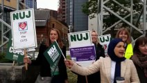 Picket line outside BBC Leeds where members of the National Union of Journalists are taking part in a 48-hour walkout over planned cuts to local radio programming