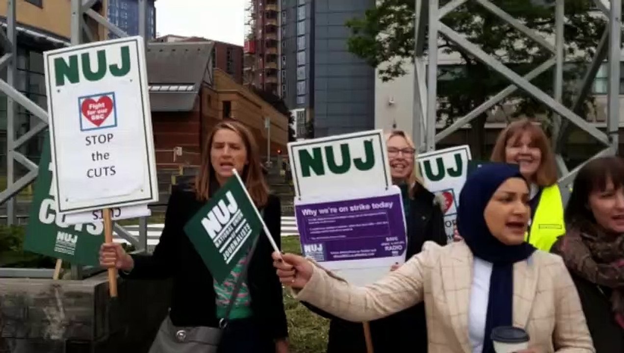 Picket line outside BBC Leeds where members of the National Union of Journalists are taking part in a 48-hour walkout over planned cuts to local radio programming