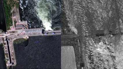 La ribera del Dniéper, antes y después de la destrucción de la presa