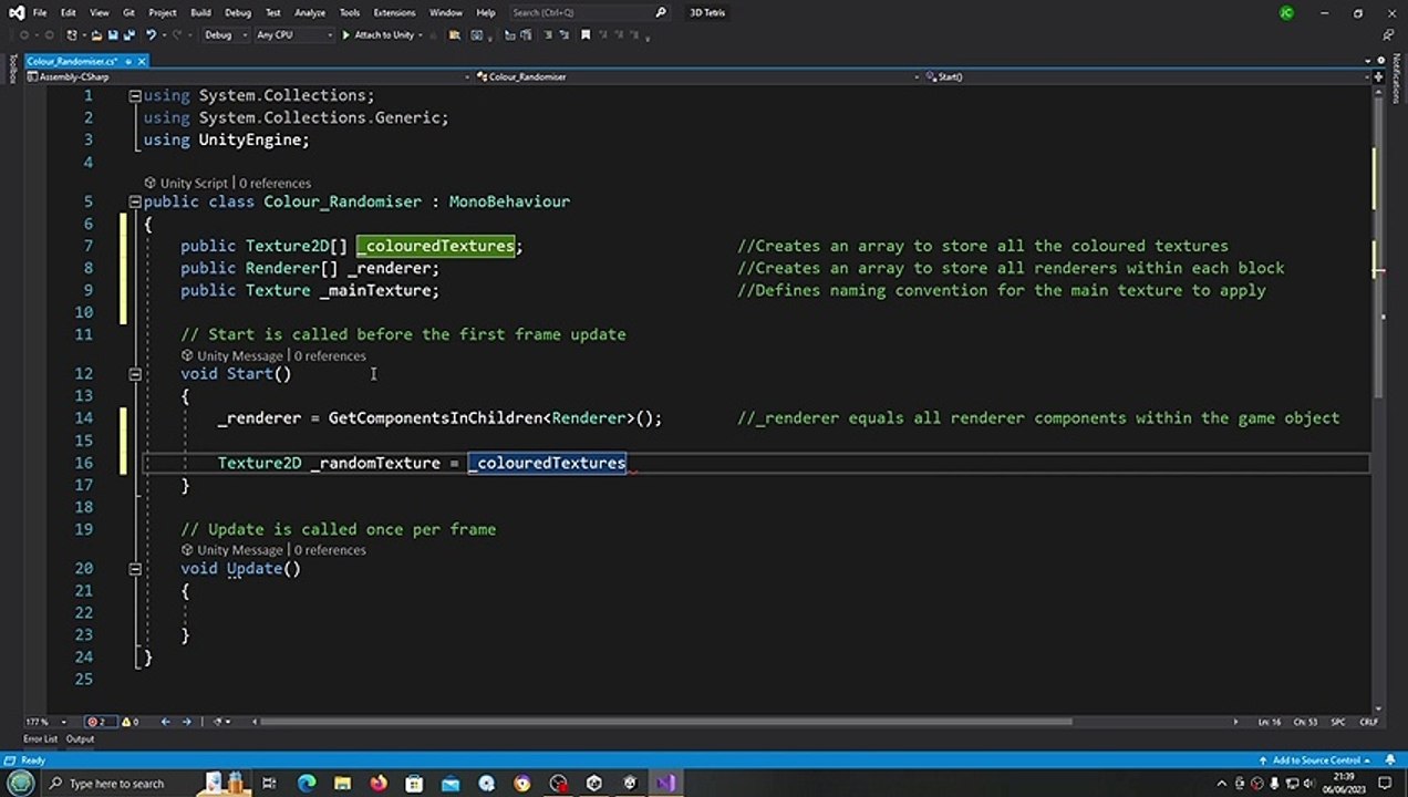 Unity 3D Tetris Clone #3 Colour Randomiser