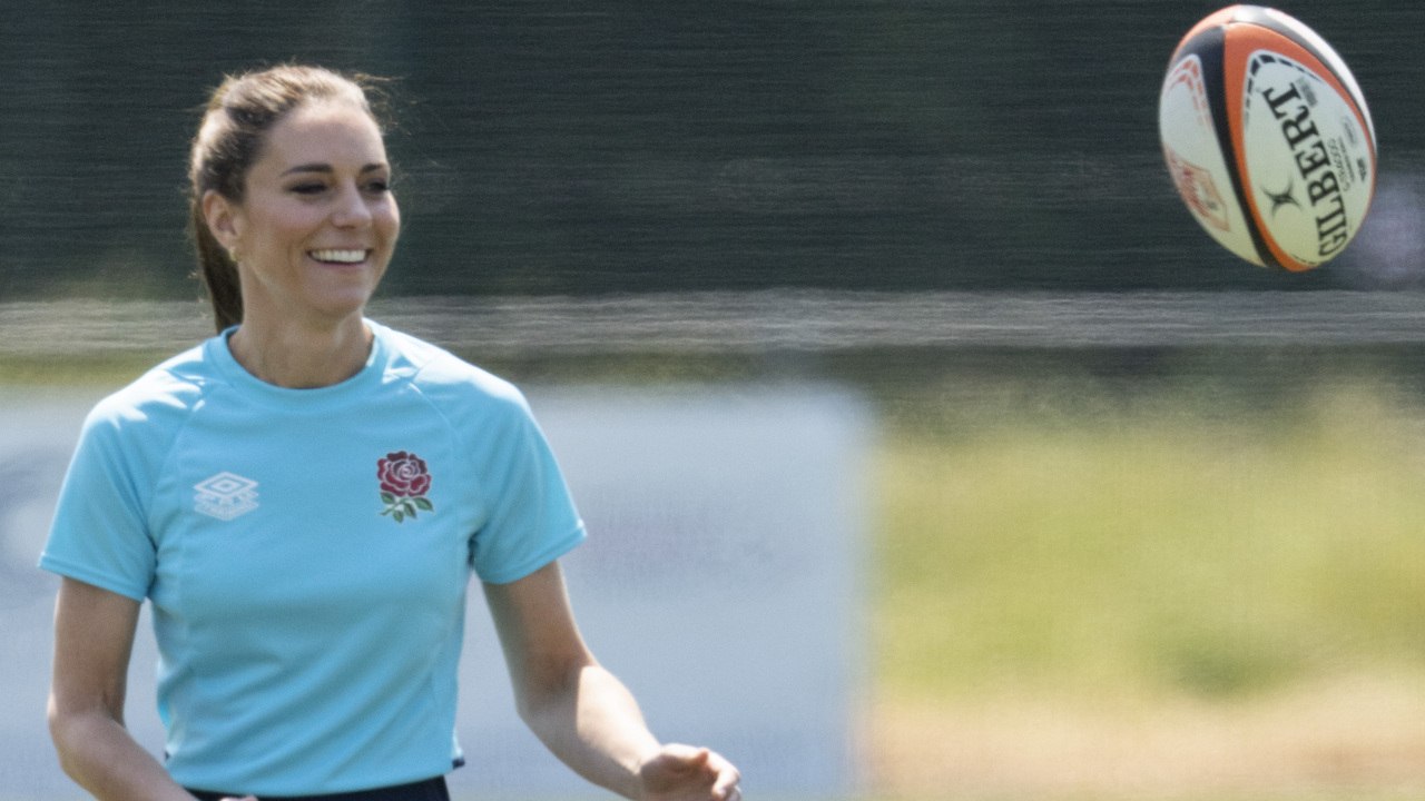 Kate Middleton Gave Sporty Spice While Playing Rugby in Fitted Joggers and the Comfiest Sneakers