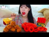 ASMR MUKBANG Cheetos Special Fried Spam, Kielbasa Sausage, Hot dog, Onion rings, Fried Chicken.