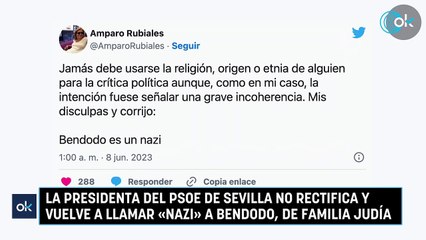 La presidenta del PSOE de Sevilla no rectifica y vuelve a llamar «nazi» a Bendodo, de familia judía