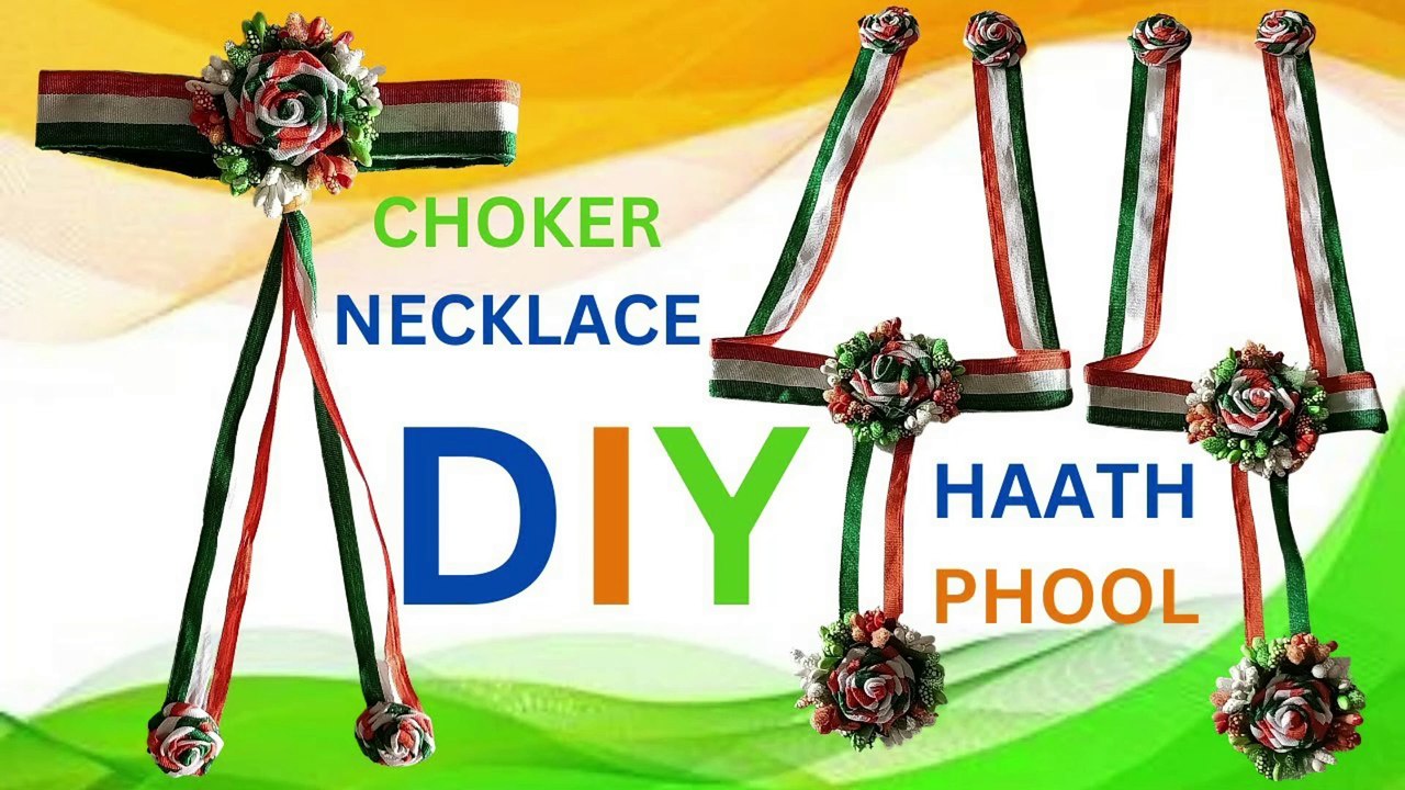DIY Tricolor Ribbon Flower Haath Phool & Necklace Jewelry Set for