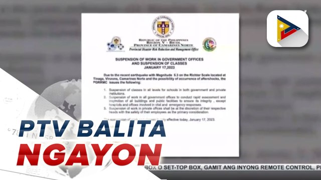 Klase at pasok sa trabaho sa Camarines Norte, suspendido kasunod ng magnitude 5.3 na lindol
