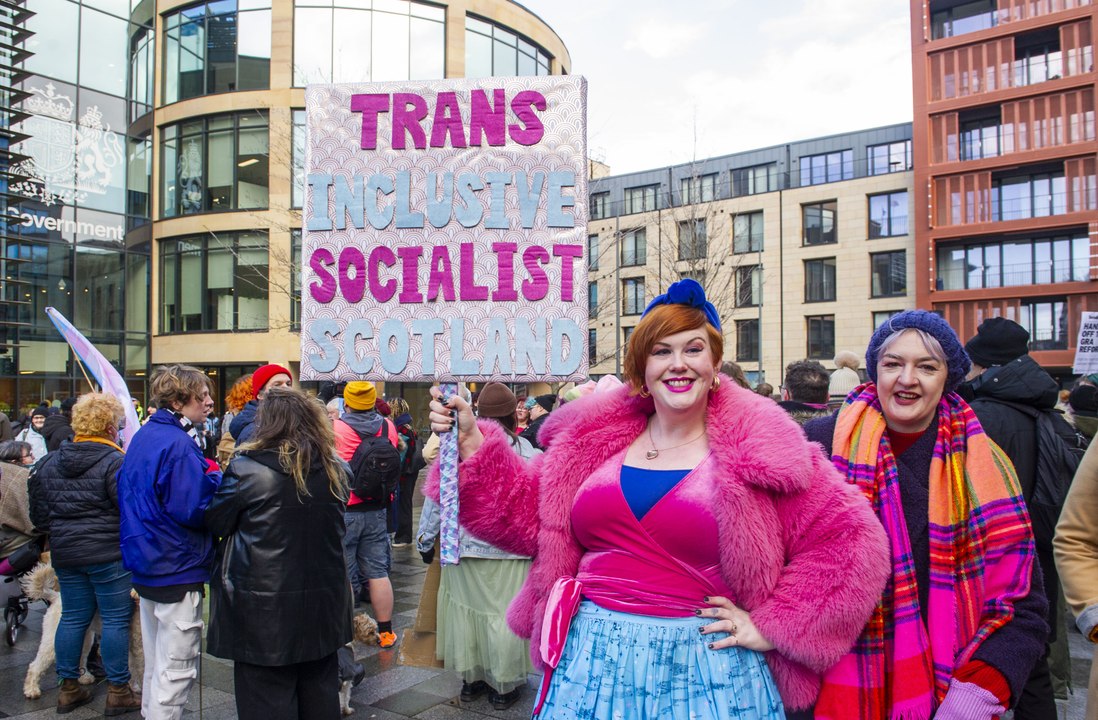 Pro gender recognition bill supporters Scottish Trans hold a "Rally for Trans Equality" outside the Queen Elizabeth House in Edinburgh.