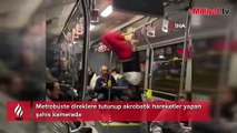 Metrobüste direklere tutunup akrobatik hareketler yapan şahıs kamerada