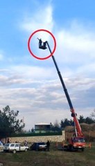 Alkollü maganda vincin tepesine çıkıp alkış istedi