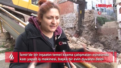 İş makinesi evin duvarını deldi, firma çalışanları işe devam etti