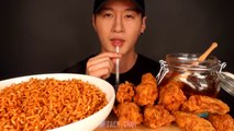 ASMR SPICY FIRE NOODLES & HONEY GLAZED FRIED CHICKEN MUKBANG (No Talking) COOKING & EATING SOUNDS