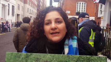 Mona Seif outside the Egyptian Embassy on the 10th anniversary of Alaa Abd El-Fattah's imprisonment