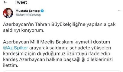 Mustafa Şentop: Azerbaycan'ın Tahran Büyükelçiliği'ne Yapılan Alçak Saldırıyı Kınıyorum